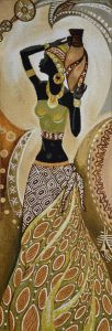 Картина гобелен "Африканка с кувшином" в одинарной багетной раме. Размер гобелена 35х100 см.