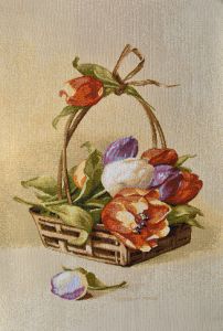 Картина гобелен "Корзина тюльпанов 2". Размер гобелена 25х35 см.