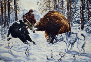 Картина гобелен "Охота на медведя" в двойной багетной раме. Размер гобелена 100х70 см.
