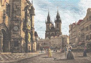 Картина гобелен "Прага Староместская площадь" в одинарной багетной раме. Размер гобелена 72х50 см.